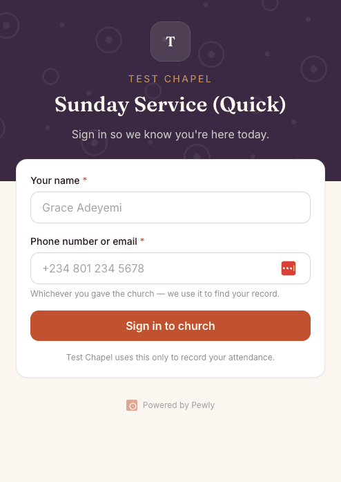 Pewly mobile Sunday service check-in form for Test Chapel